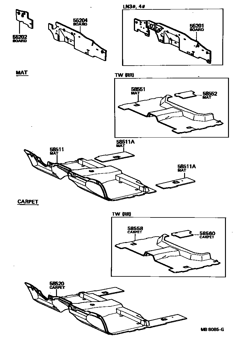 Toyota HILUX 地板垫和消声垫 EPC diagram — MB8085G