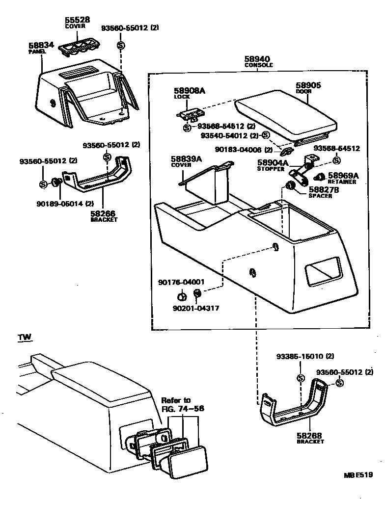 Toyota HILUX 中央扶手箱和支架 EPC diagram — MBE519