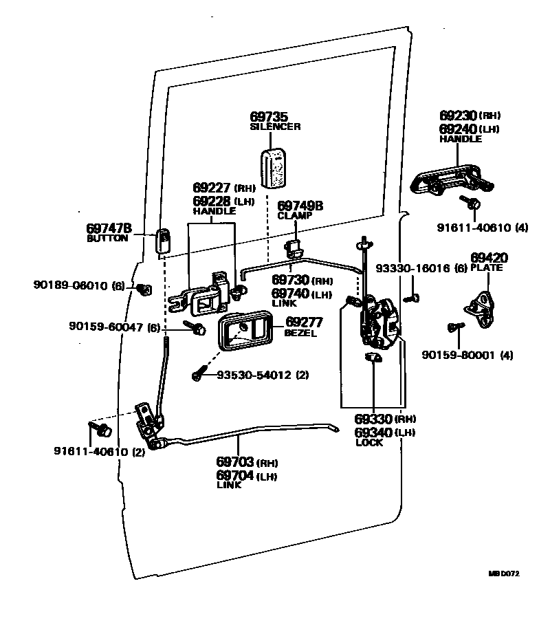 Toyota HILUX 后门锁和后门把手 EPC diagram — MBD072