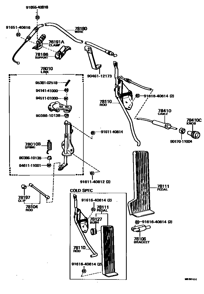 Toyota HILUX accelerator pedal connecting rod EPC diagram — MBB010E