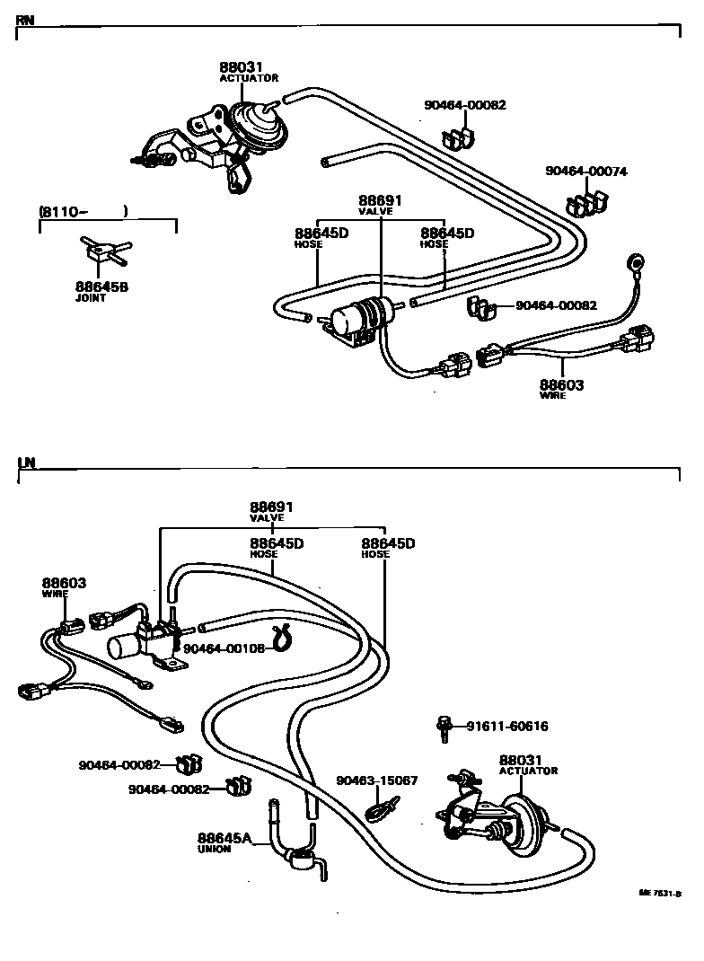 Toyota HILUX 暖风和空调系统 - 真空管 EPC diagram — ME7631B