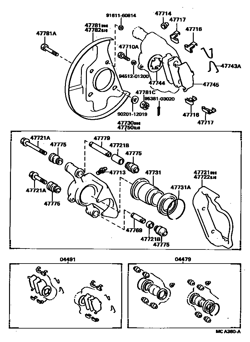 Toyota HILUX 前盘式制动器卡钳和防尘罩 EPC diagram — MCA360A