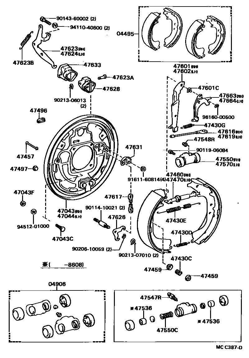 Toyota HILUX 后鼓式制动器分泵和底板 EPC diagram — MCC387D