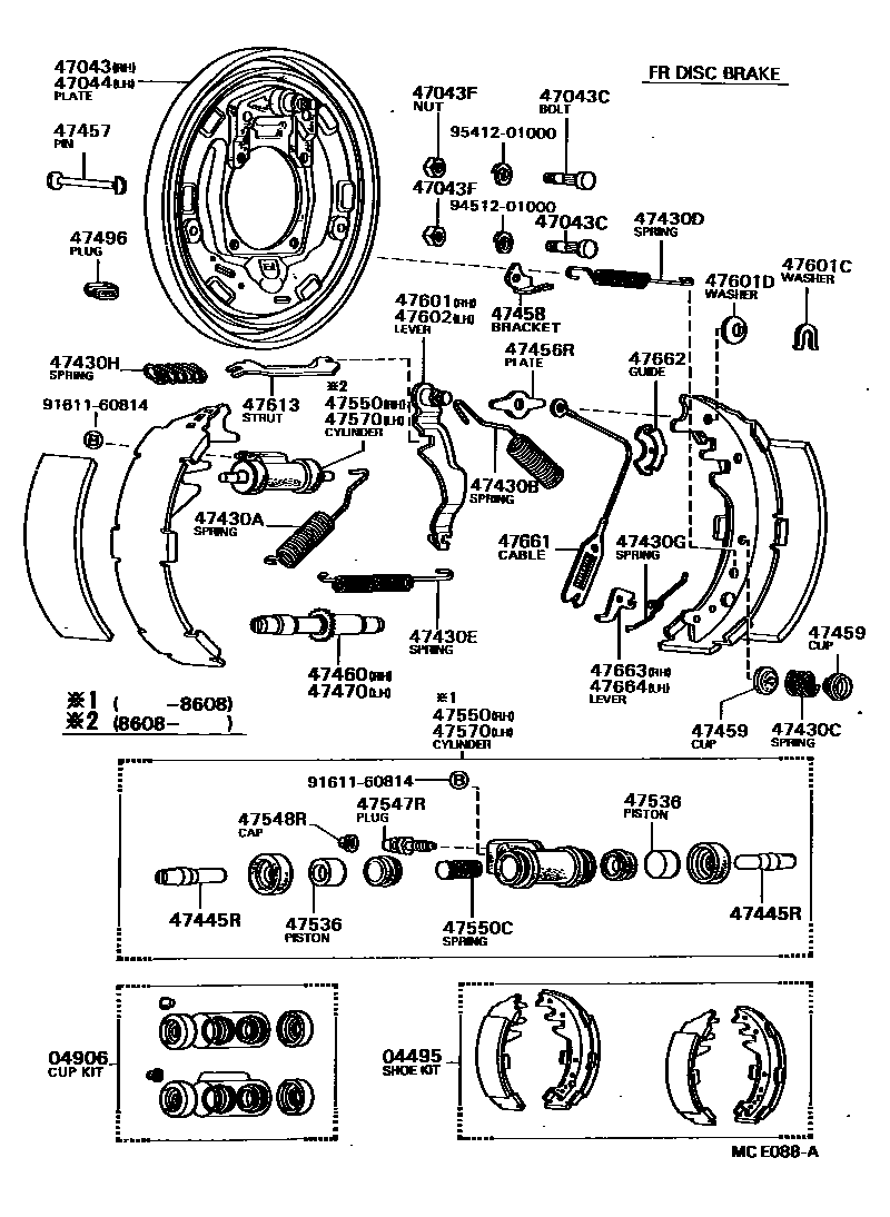 Toyota HILUX 后鼓式制动器分泵和底板 EPC diagram — MCE088A