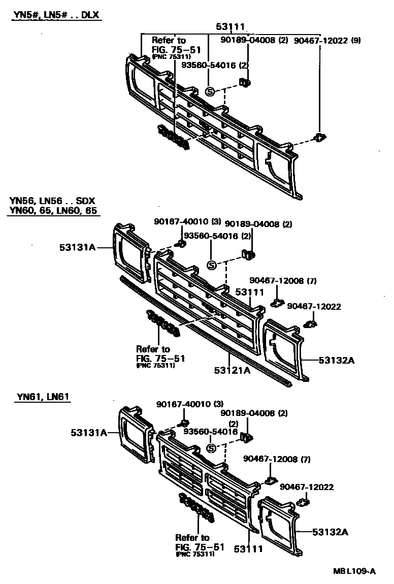 Toyota HILUX radiator grille EPC diagram — MBL109A