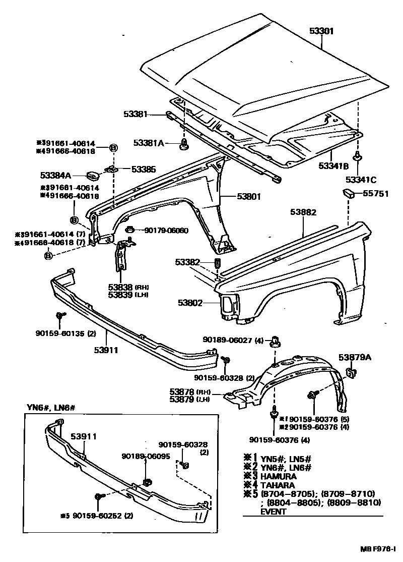 Toyota HILUX 发动机盖和前翼子板 EPC diagram — MBF976I