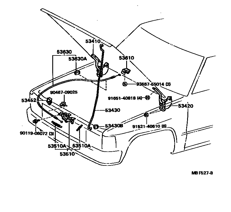 Toyota HILUX 发动机盖锁和铰链 EPC diagram — MBF527B