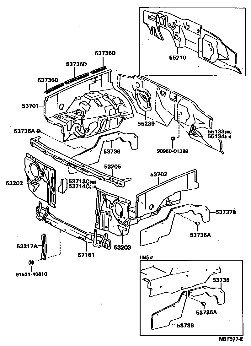 Toyota HILUX 前翼子板挡泥板和前围板 EPC diagram — MBF977E