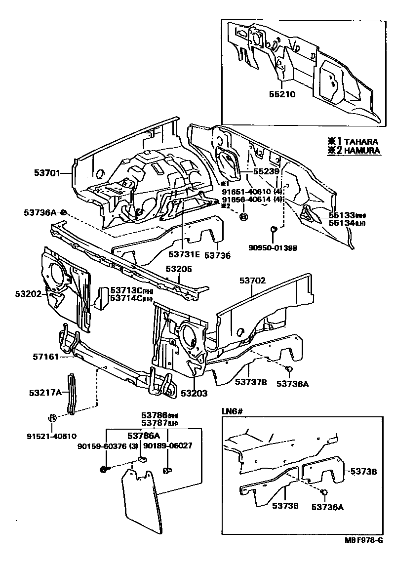 Toyota HILUX 前翼子板挡泥板和前围板 EPC diagram — MBF978G
