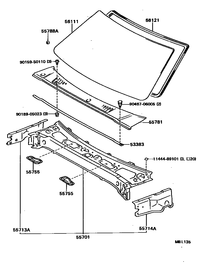 Toyota HILUX 前围板和挡风玻璃 EPC diagram — MBL135