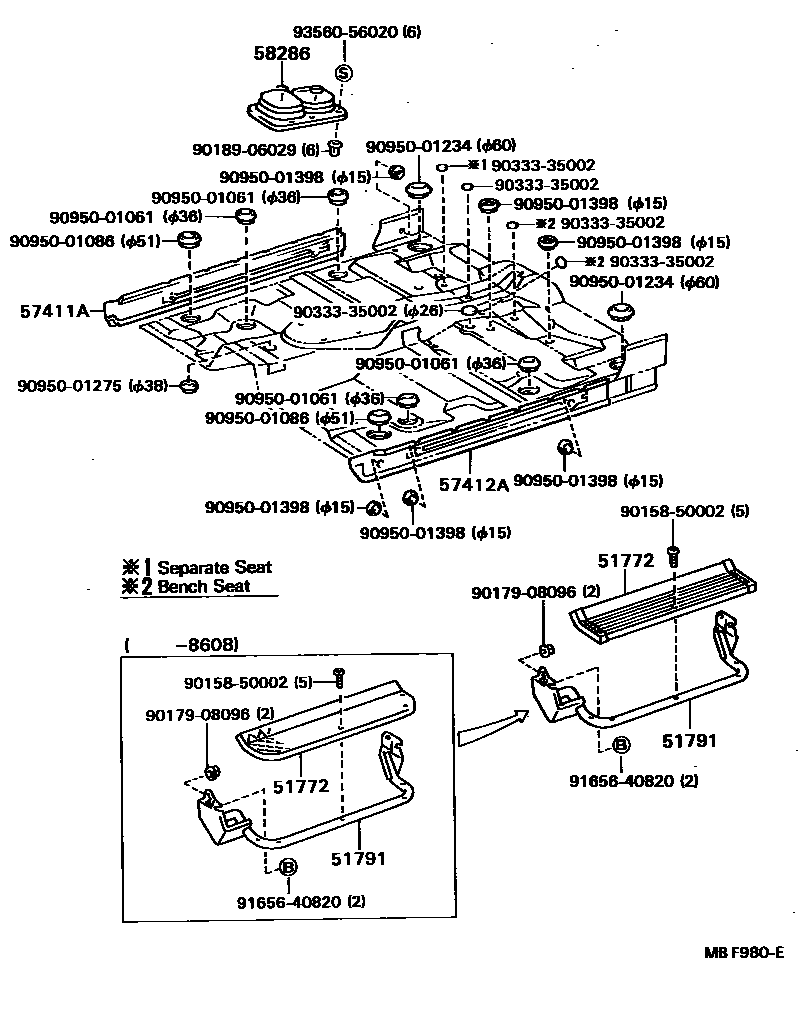 Toyota HILUX 前地板和前地板梁 EPC diagram — MBF980E