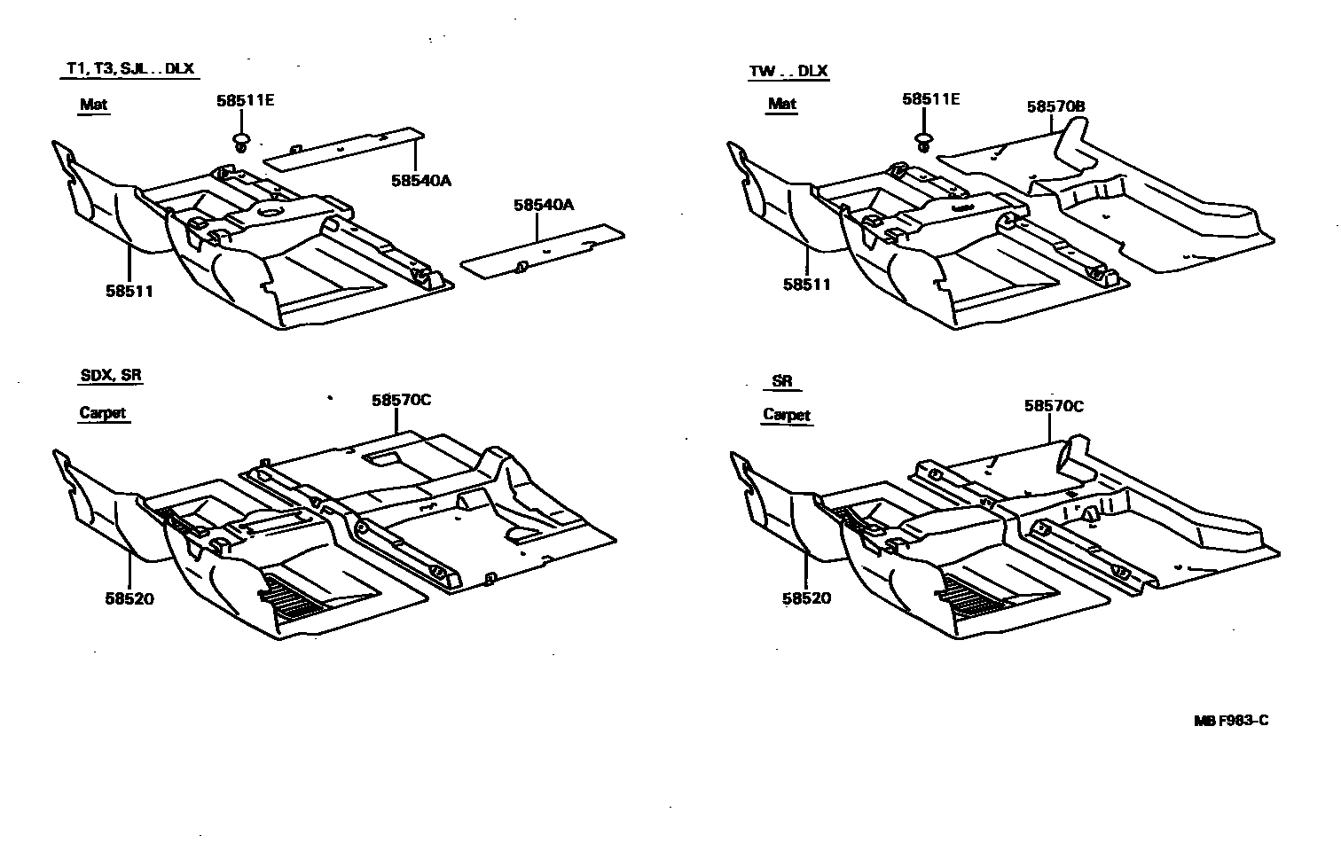 Toyota HILUX 地板垫和消声垫 EPC diagram — MBF983C