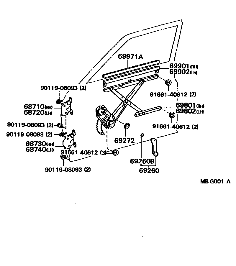 Toyota HILUX 前门车窗升降器和合页 EPC diagram — MBG001A