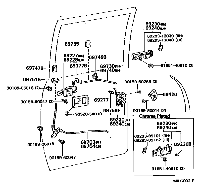 Toyota HILUX 后门锁和后门把手 EPC diagram — MBG002F