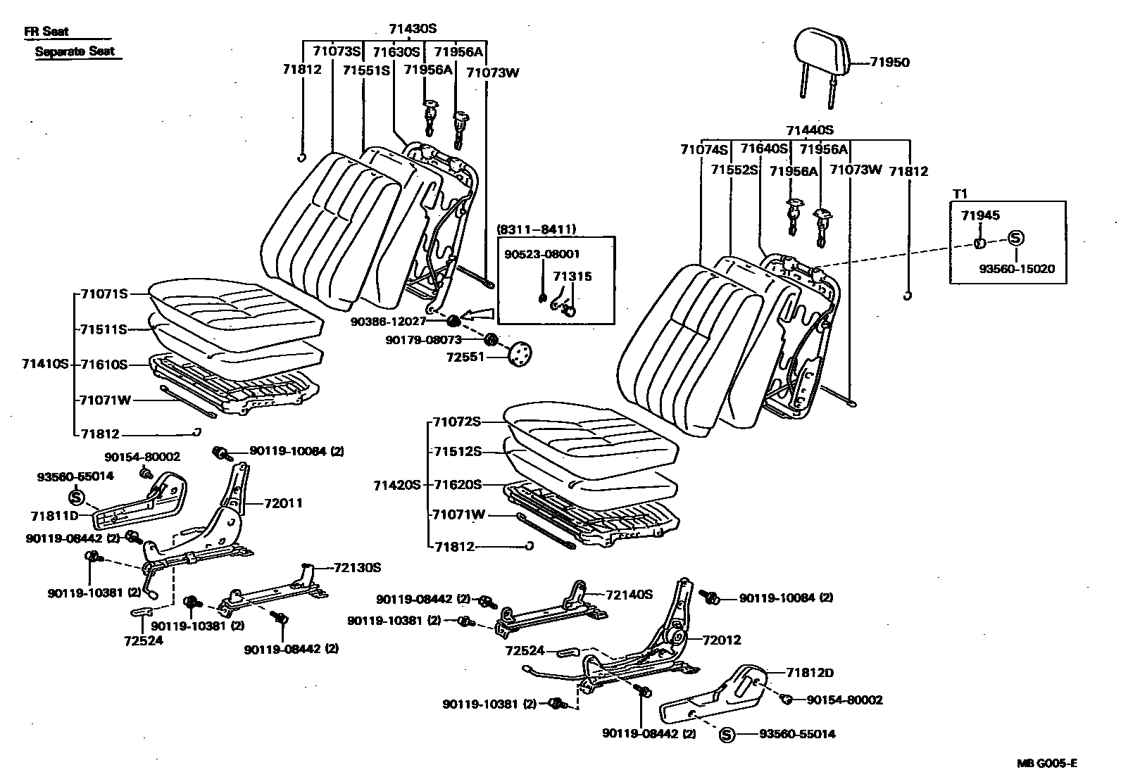 Toyota HILUX 座椅和座椅滑轨 EPC diagram — MBG005E