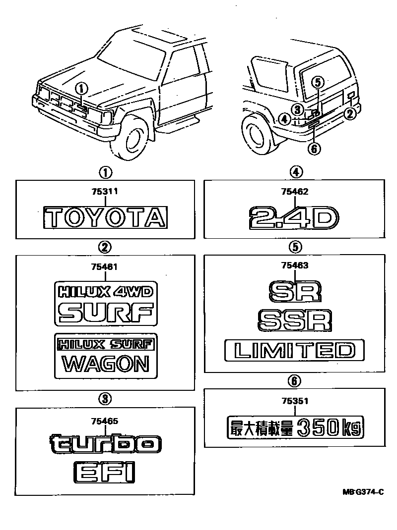 Toyota HILUX 徽标和铭牌 EPC diagram — MBG374C
