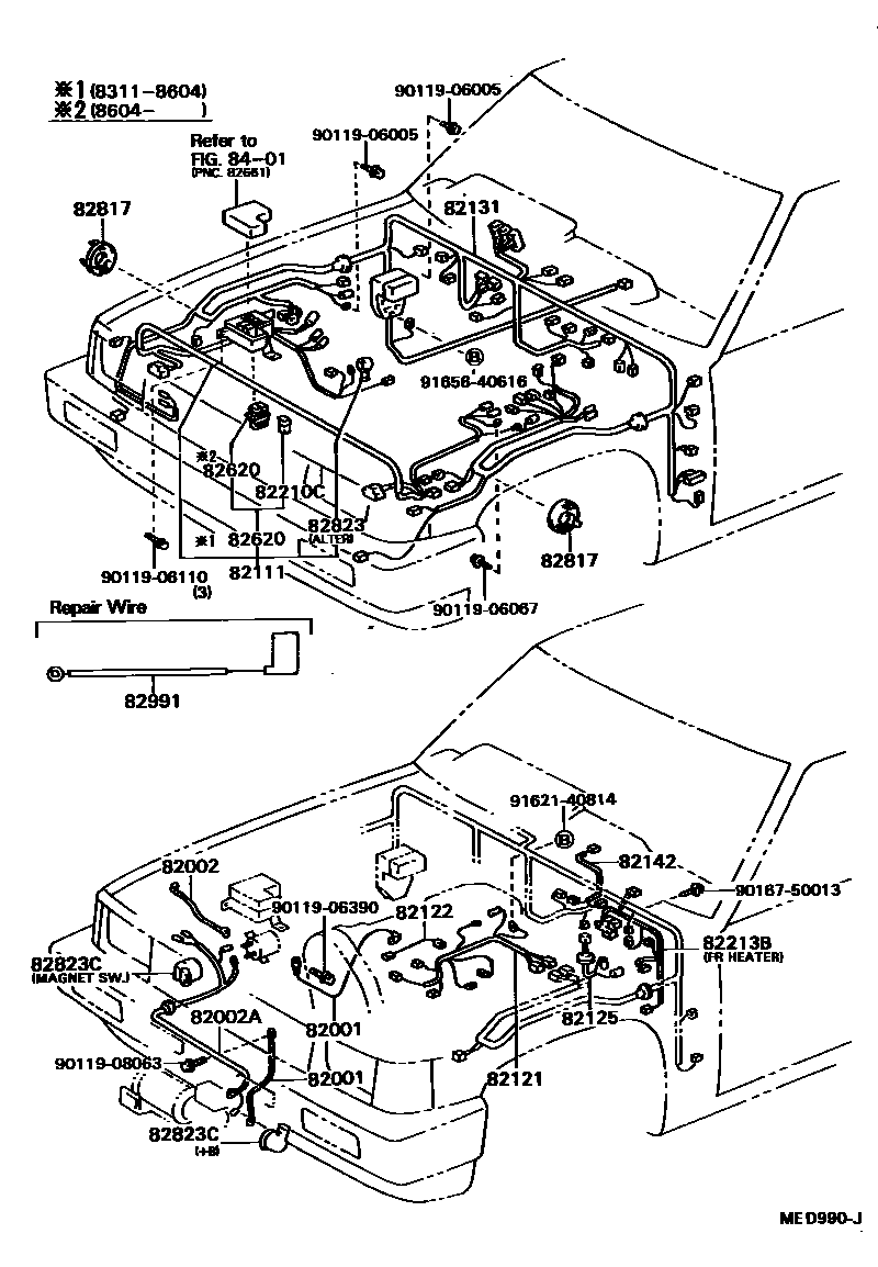 Toyota HILUX 线束和卡夹 EPC diagram — MED990J