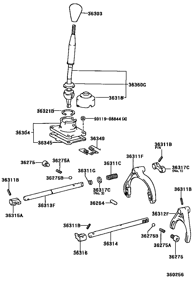Toyota HILUX Transfer Lever & Shift Fork Shaft EPC diagram — 360256