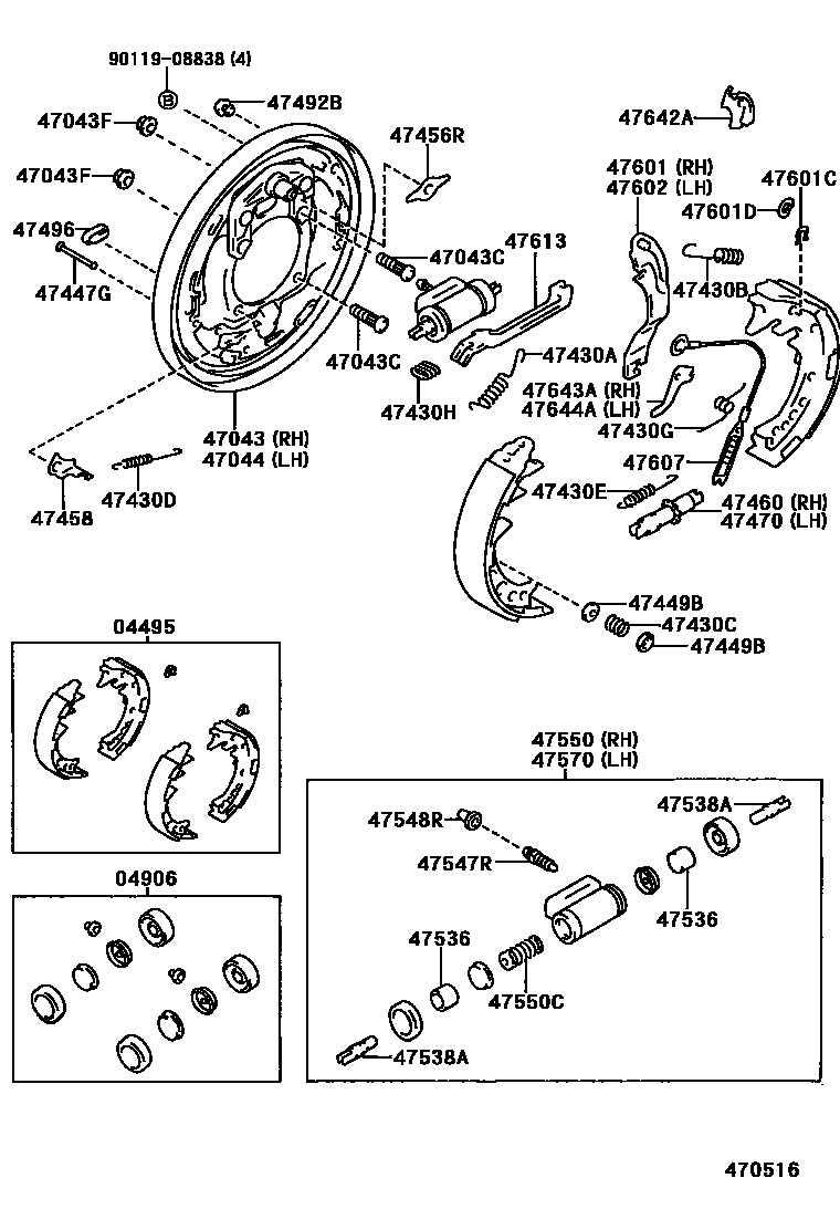 Toyota HILUX 后鼓式制动器分泵和底板 EPC diagram — 470516