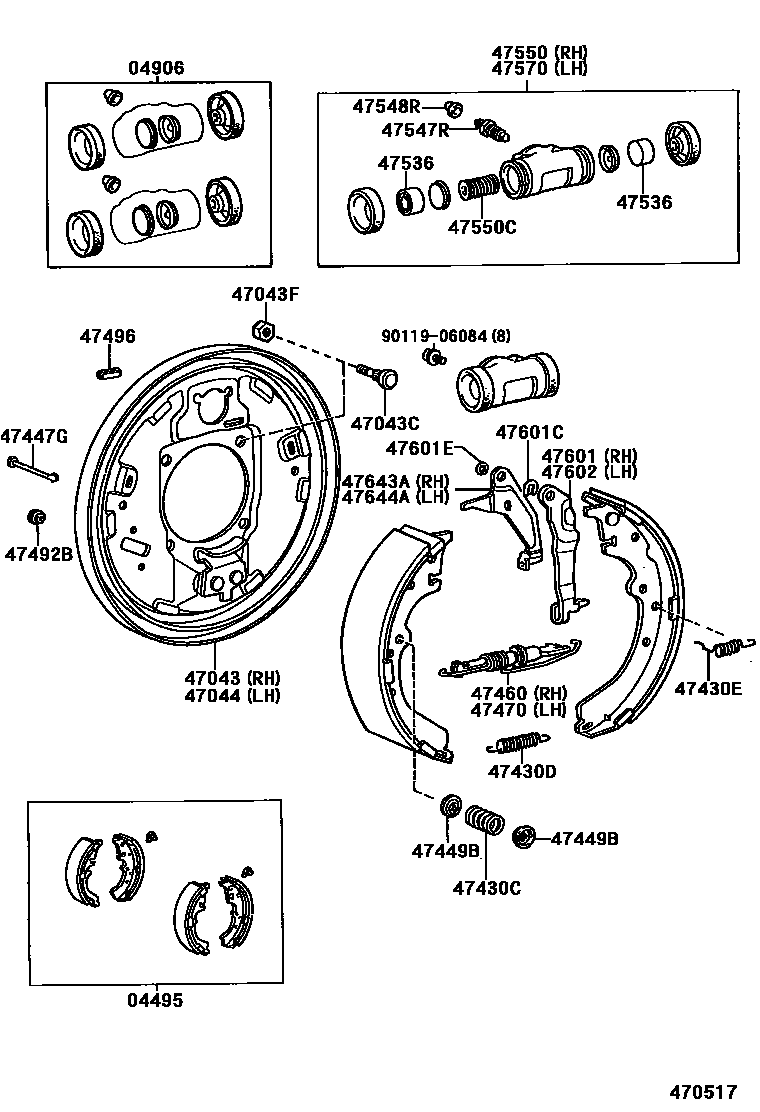 Toyota HILUX 后鼓式制动器分泵和底板 EPC diagram — 470517