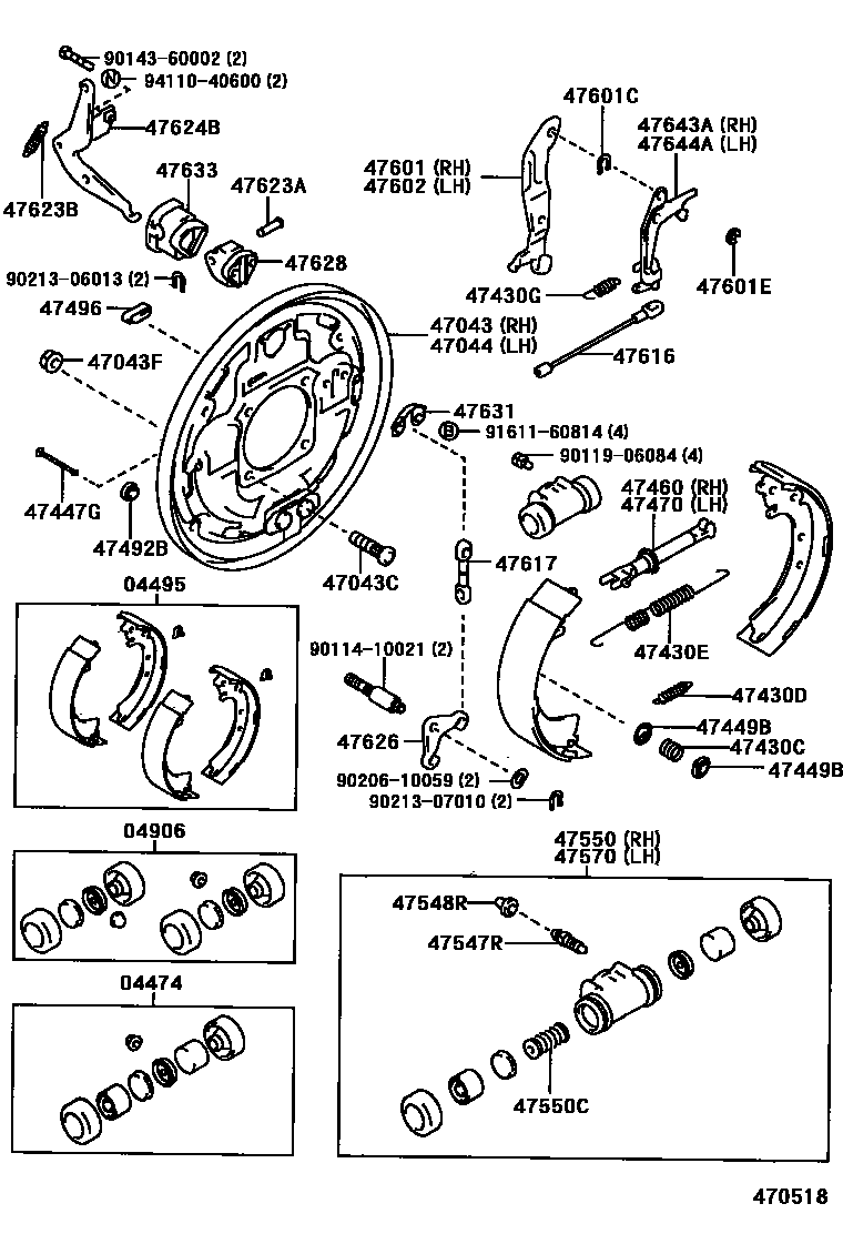 Toyota HILUX 后鼓式制动器分泵和底板 EPC diagram — 470518
