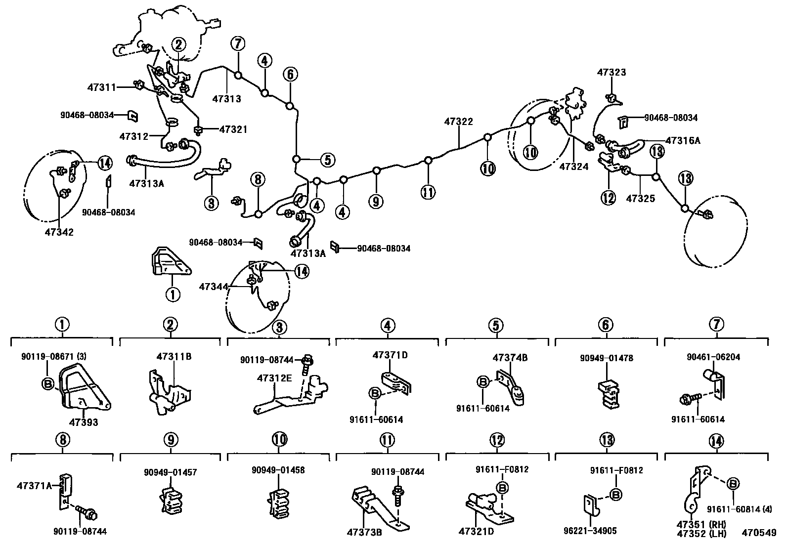 Toyota HILUX 制动配管和卡箍 EPC diagram — 470549
