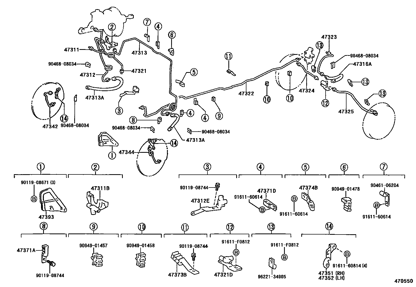 Toyota HILUX 制动配管和卡箍 EPC diagram — 470550