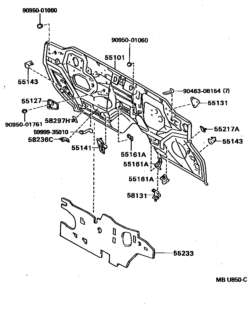 Toyota HILUX 前翼子板挡泥板和前围板 EPC diagram — MBU850C