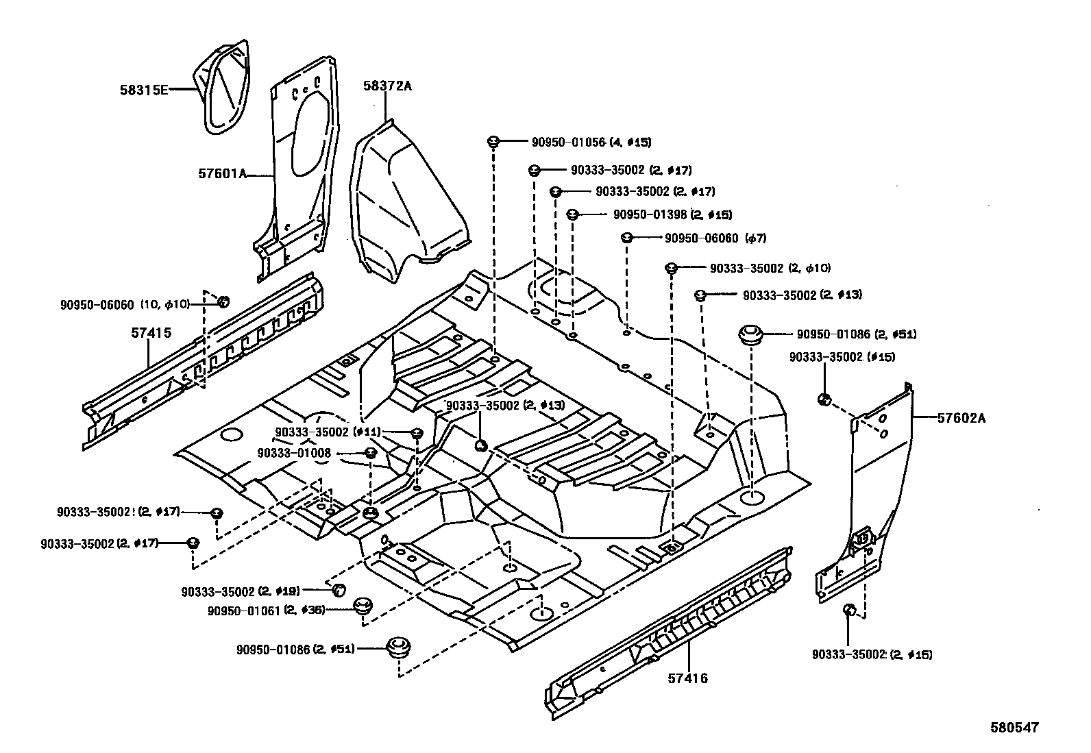 Toyota HILUX 后地板和后地板梁 EPC diagram — 580547