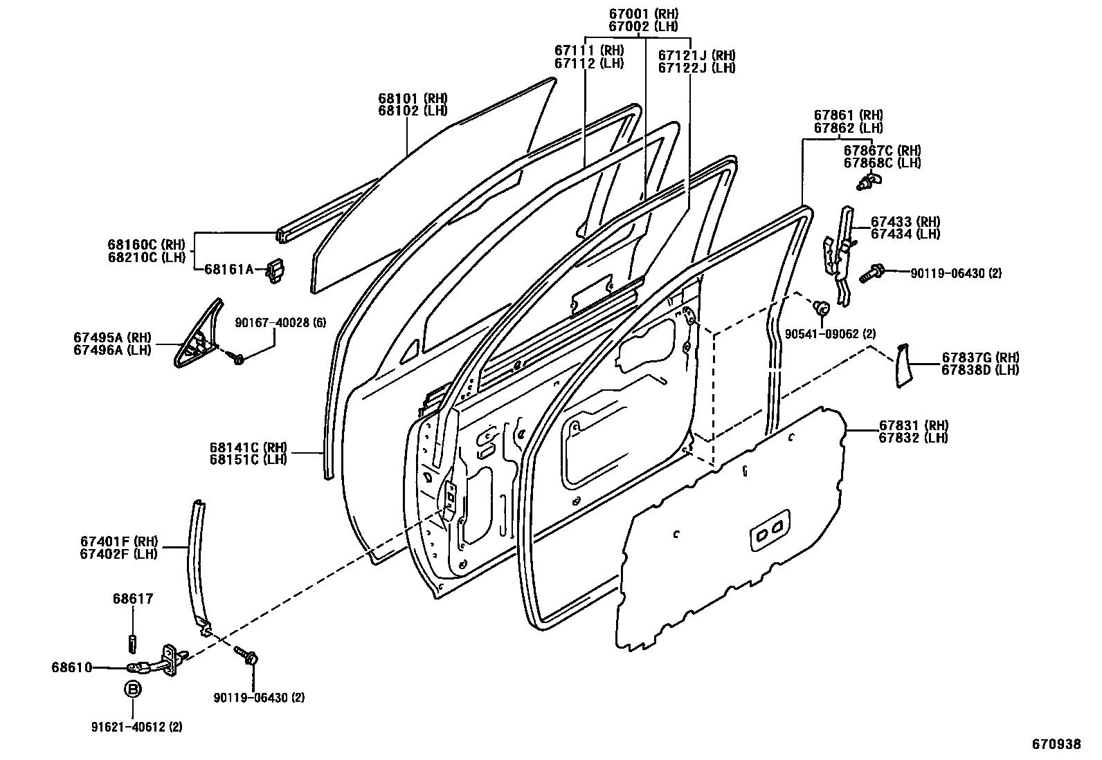 Toyota HILUX 前门板和前门玻璃 EPC diagram — 670938