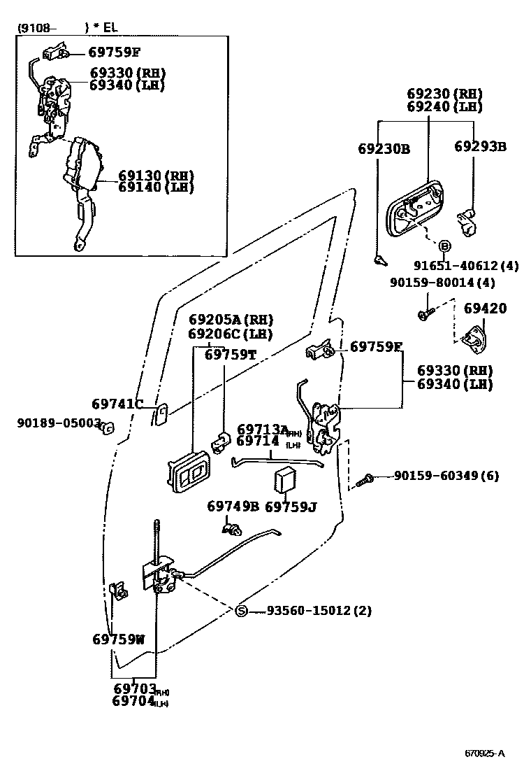 Toyota HILUX 后门锁和后门把手 EPC diagram — 670925A