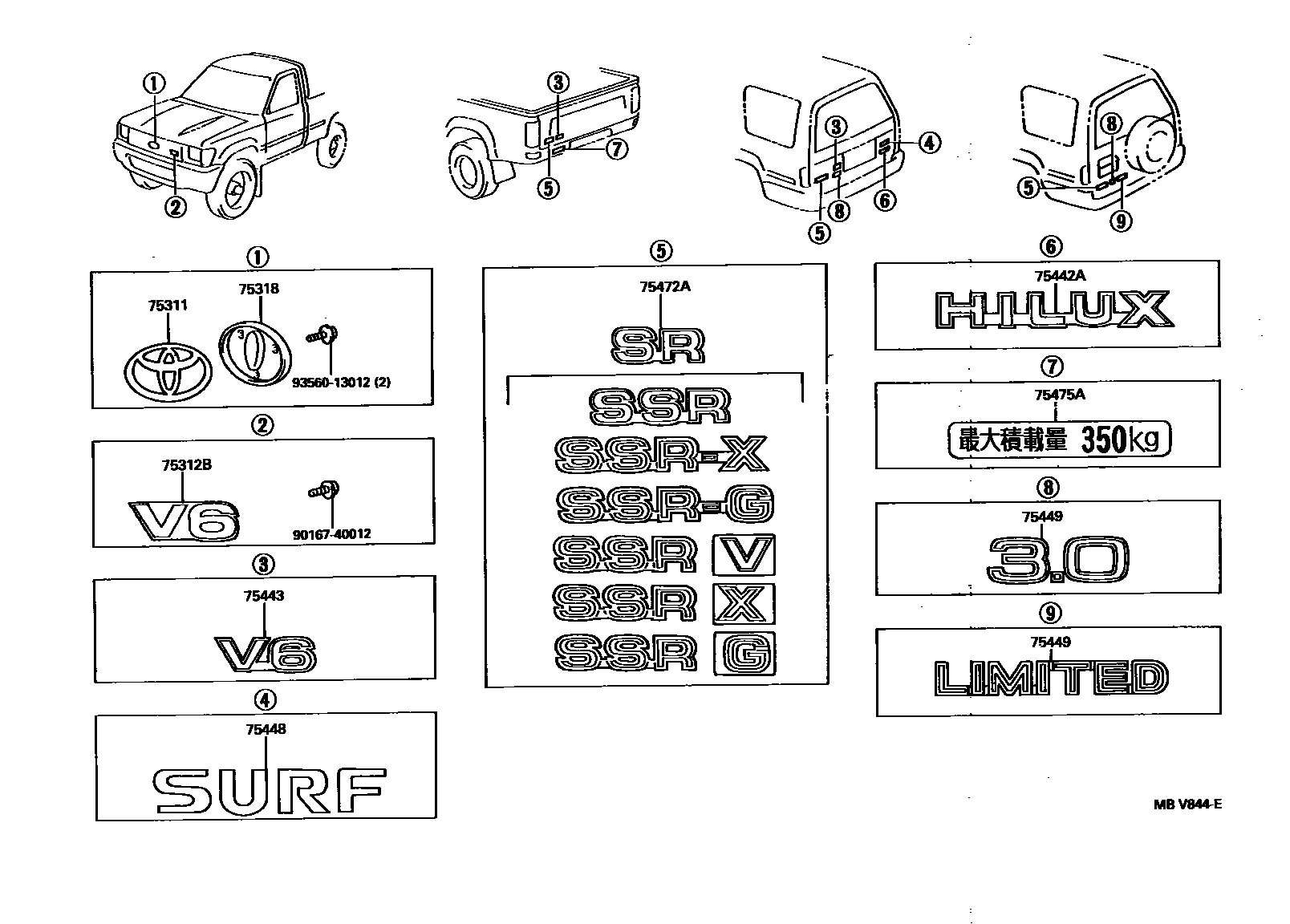 Toyota HILUX 徽标和铭牌 EPC diagram — MBV844E