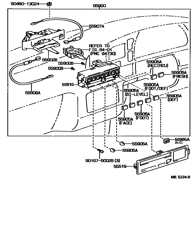 Toyota HILUX 暖风和空调系统 - 控制器和风管 EPC diagram — MES224B