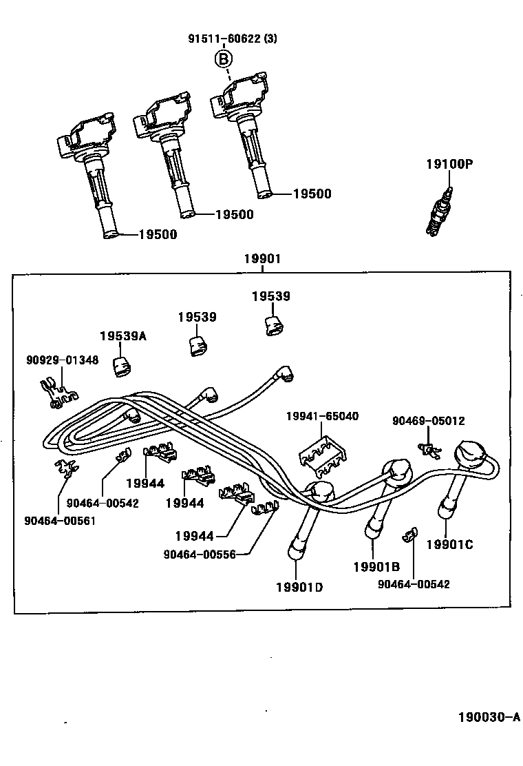 Toyota HILUX 点火线圈和火花塞 EPC diagram — 190030A