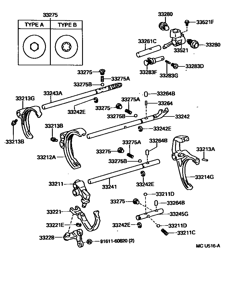 Toyota HILUX 换档拨叉和换档杆轴(MTM) EPC diagram — MCU516A