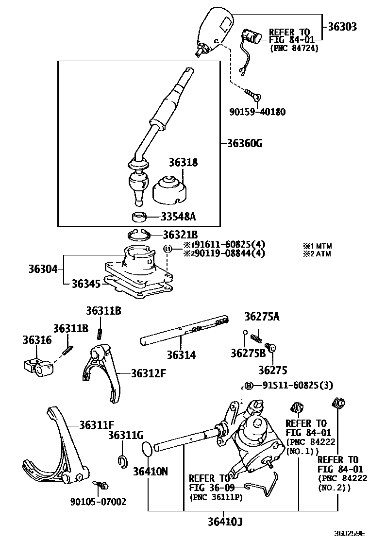 Toyota HILUX Transfer Lever & Shift Fork Shaft EPC diagram — 360259E
