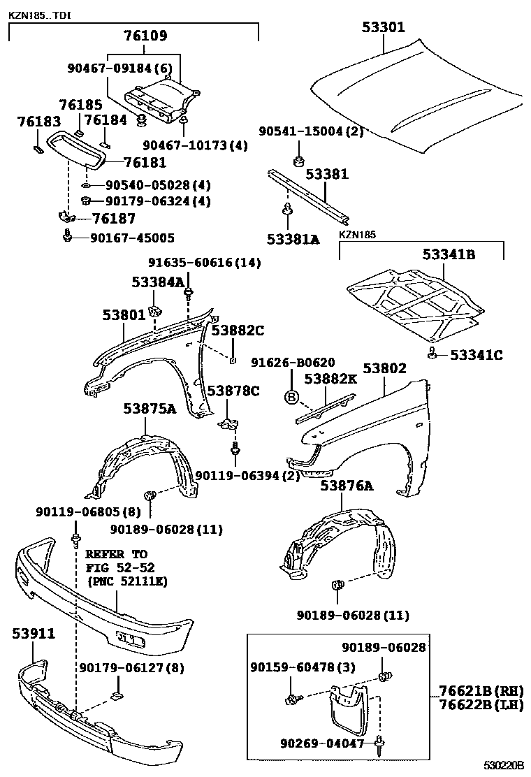 Toyota HILUX 发动机盖和前翼子板 EPC diagram — 530220B