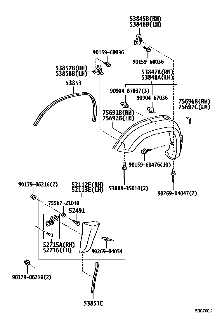 Toyota HILUX 发动机盖和前翼子板 EPC diagram — 530700K