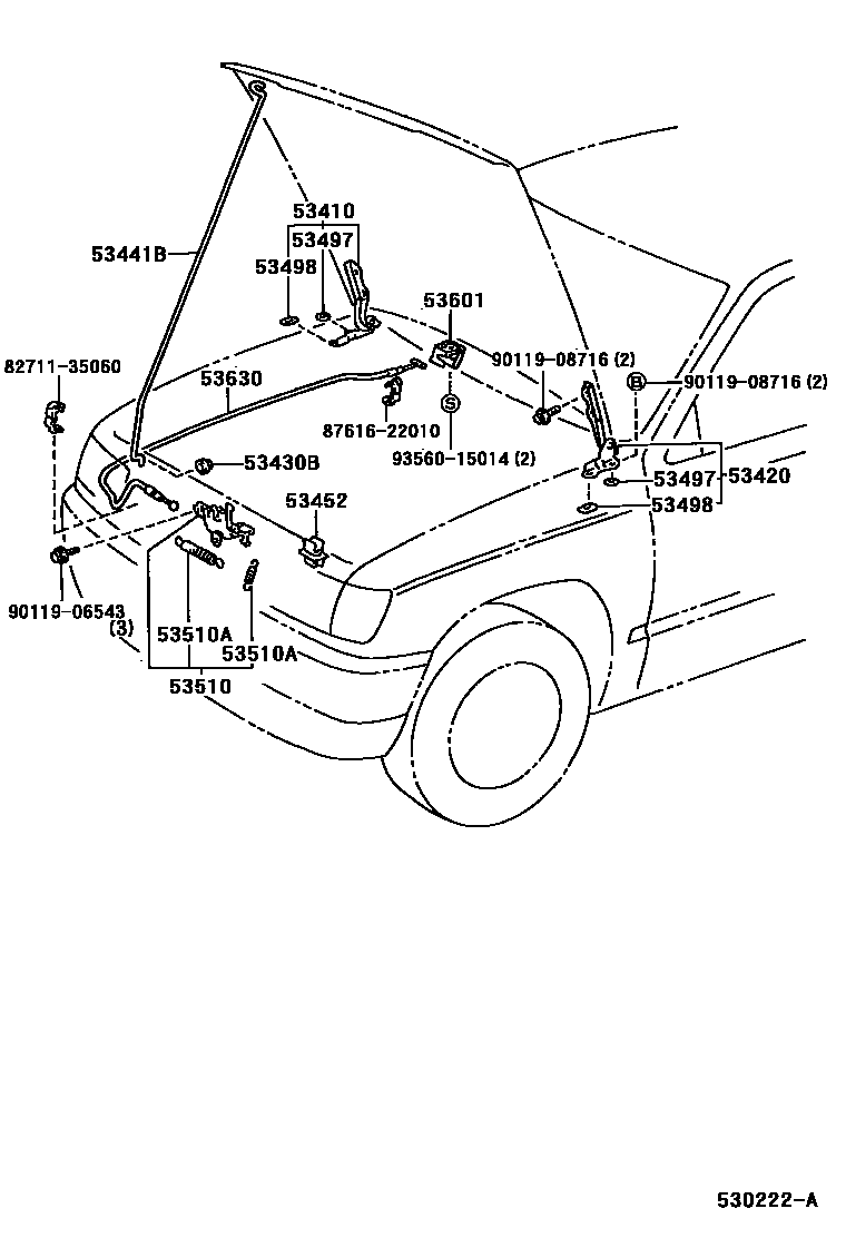 Toyota HILUX 发动机盖锁和铰链 EPC diagram — 530222A