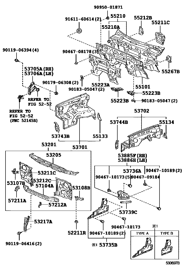 Toyota HILUX 前翼子板挡泥板和前围板 EPC diagram — 530697B