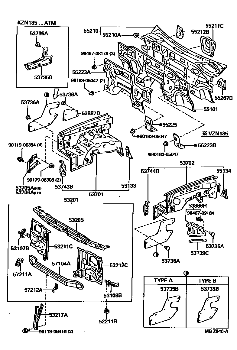 Toyota HILUX 前翼子板挡泥板和前围板 EPC diagram — MBZ940A