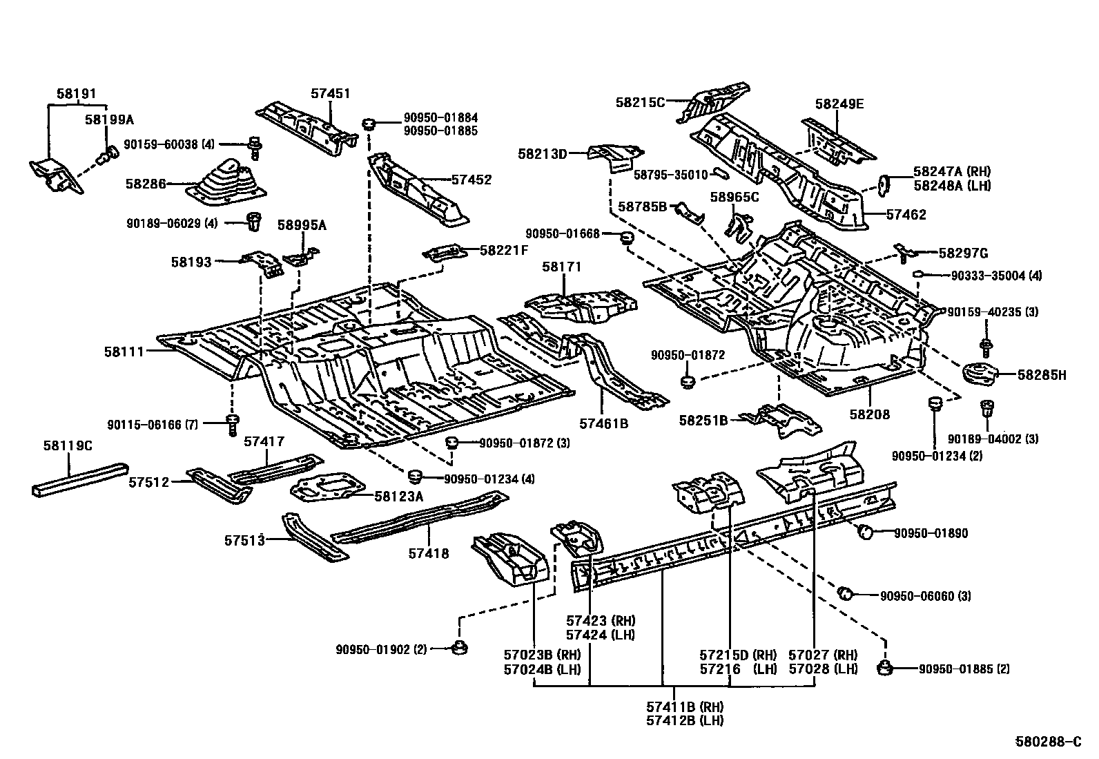 Toyota HILUX 前地板和前地板梁 EPC diagram — 580288C