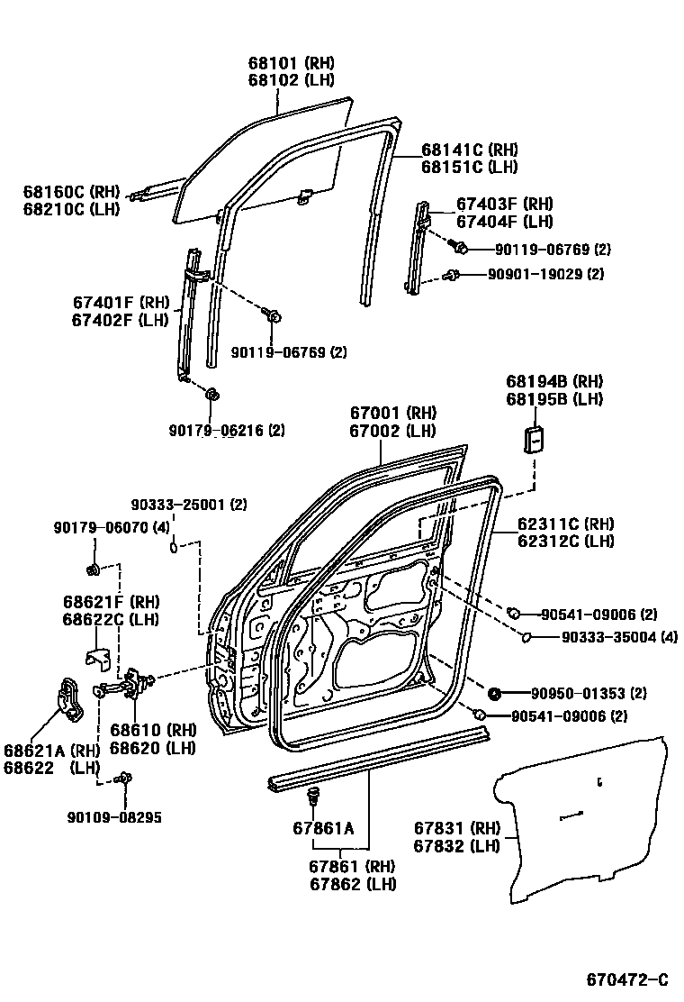 Toyota HILUX 前门板和前门玻璃 EPC diagram — 670472C
