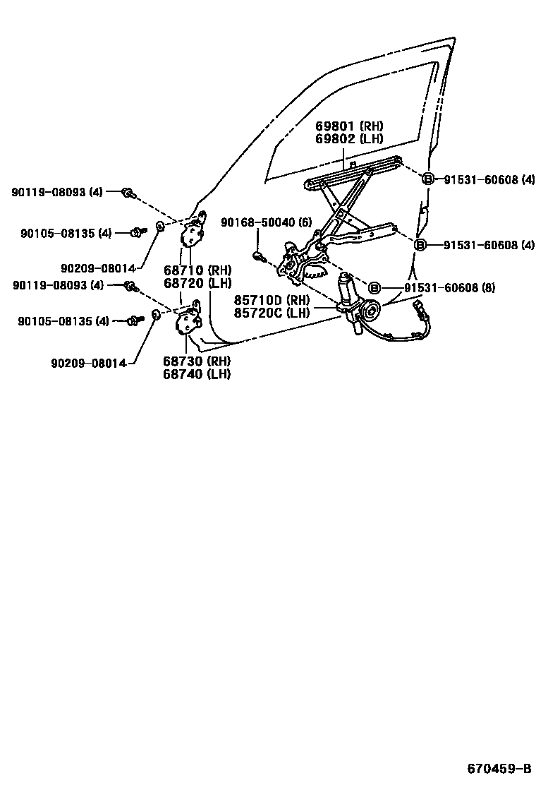 Toyota HILUX 前门车窗升降器和合页 EPC diagram — 670459B
