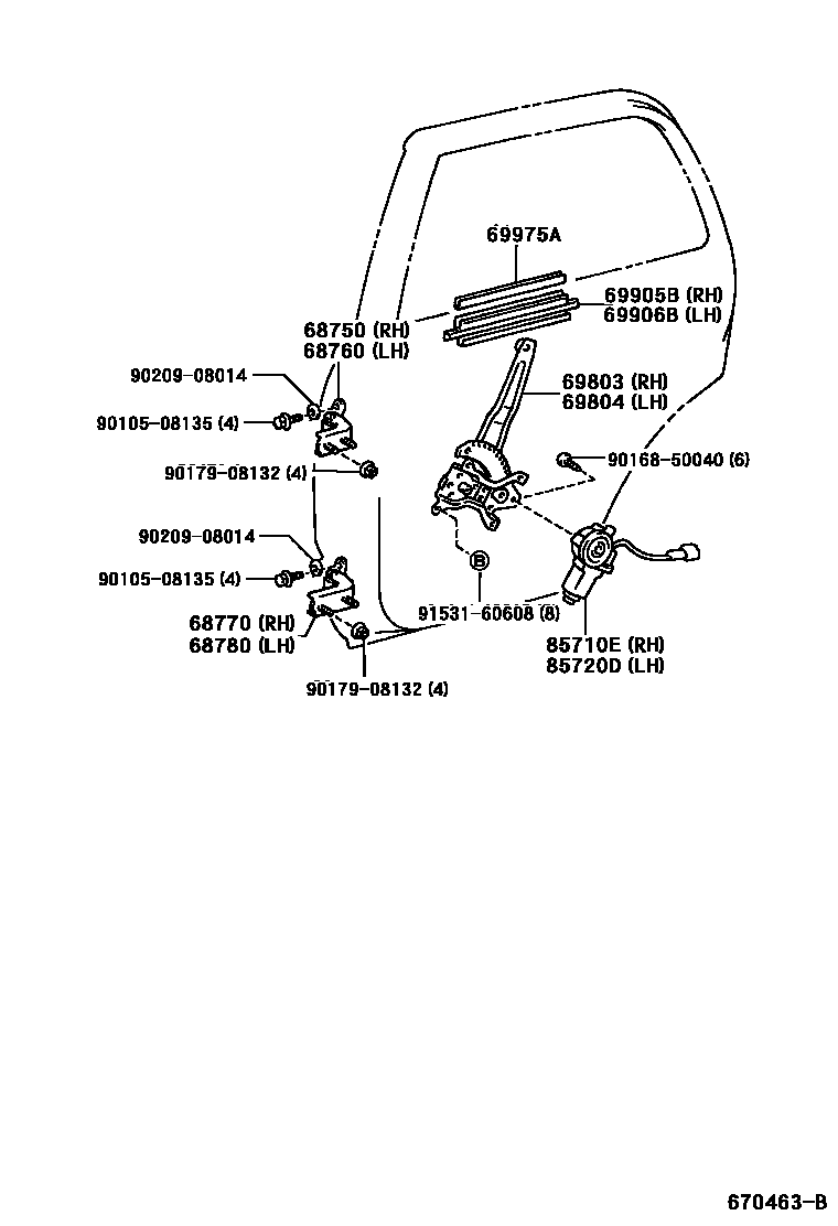 Toyota HILUX 后门车窗升降器和合页 EPC diagram — 670463B