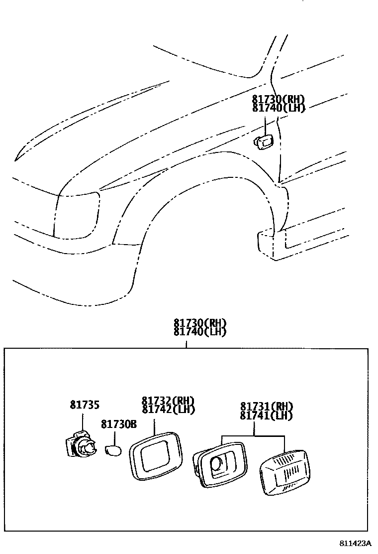 Toyota HILUX Side Turn Signal & Outer Mirror Lamp EPC diagram — 811423A