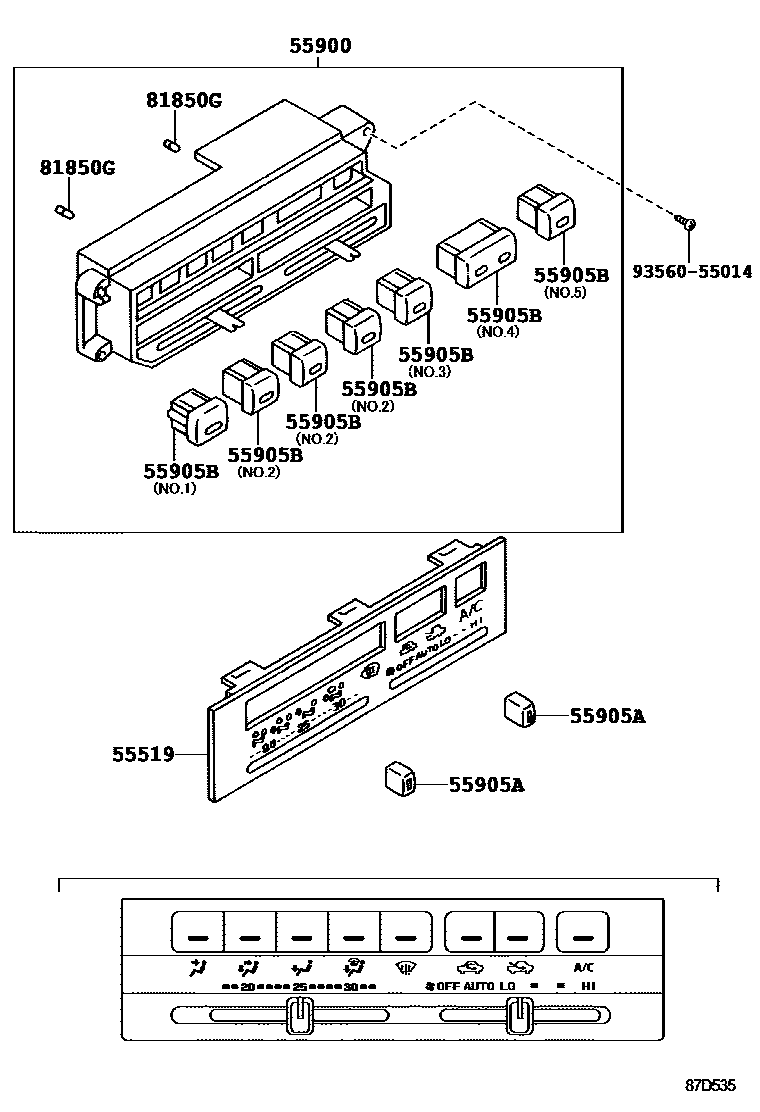 Toyota HILUX 暖风和空调系统 - 控制器和风管 EPC diagram — 87D535