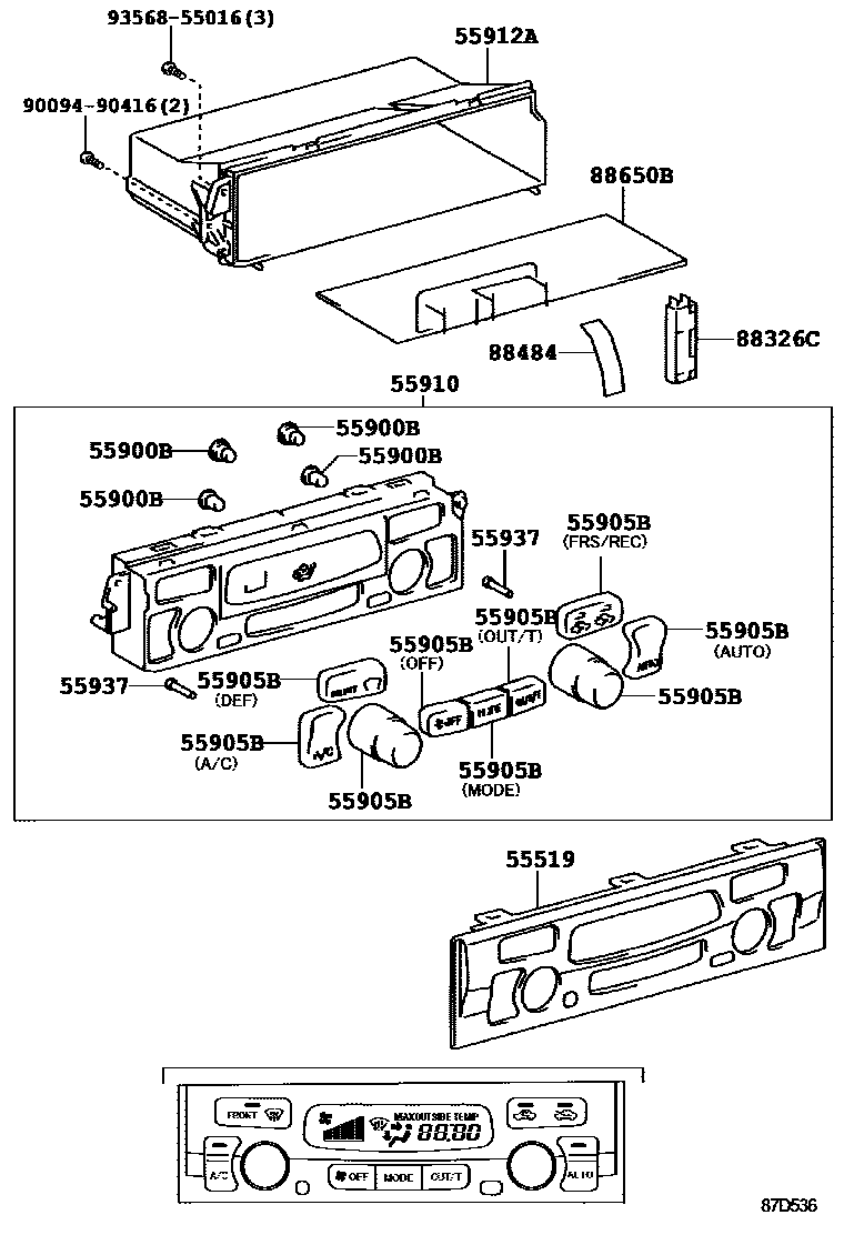 Toyota HILUX 暖风和空调系统 - 控制器和风管 EPC diagram — 87D536