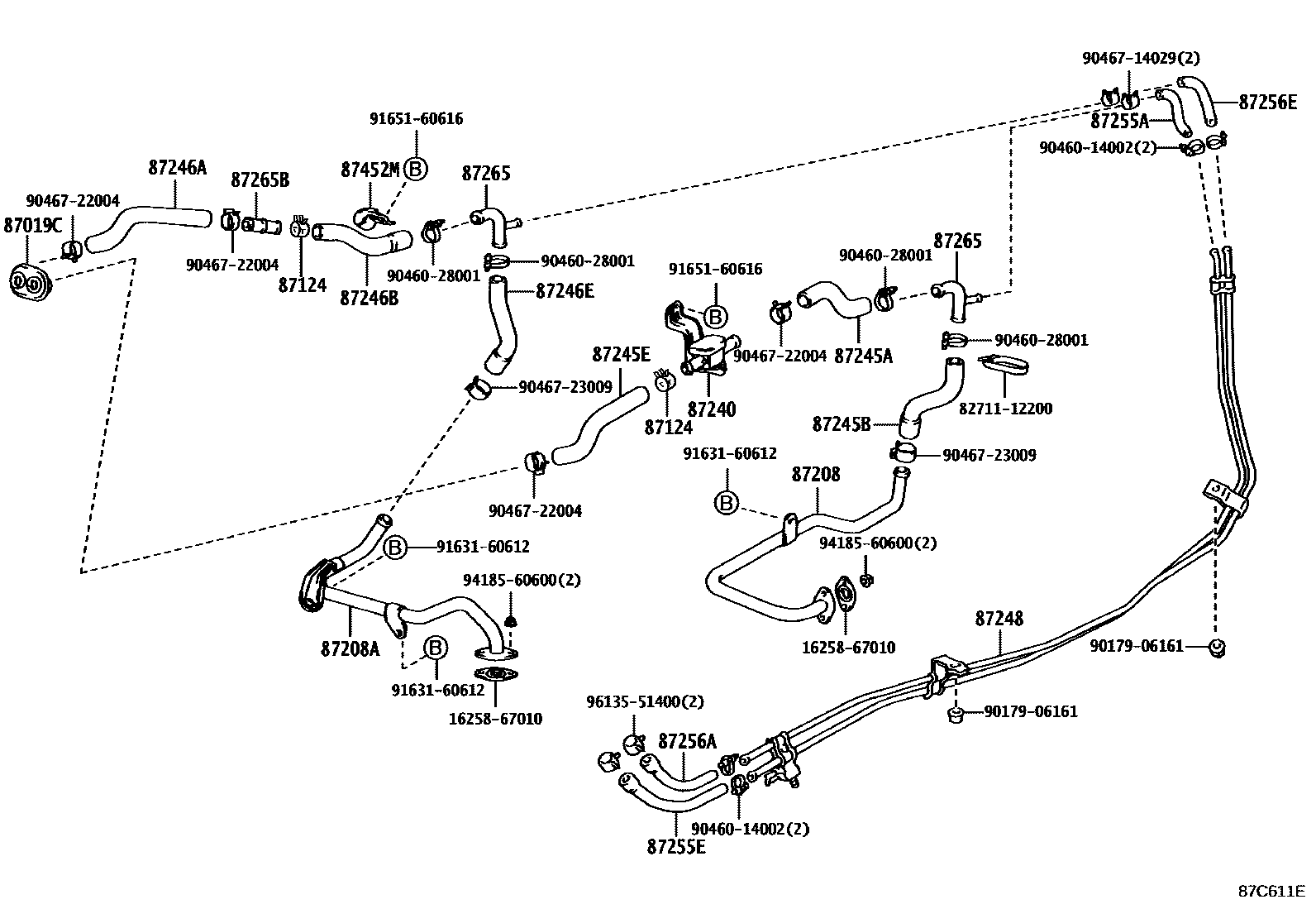 Toyota HILUX 暖风和空调系统 - 水管 EPC diagram — 87C611E