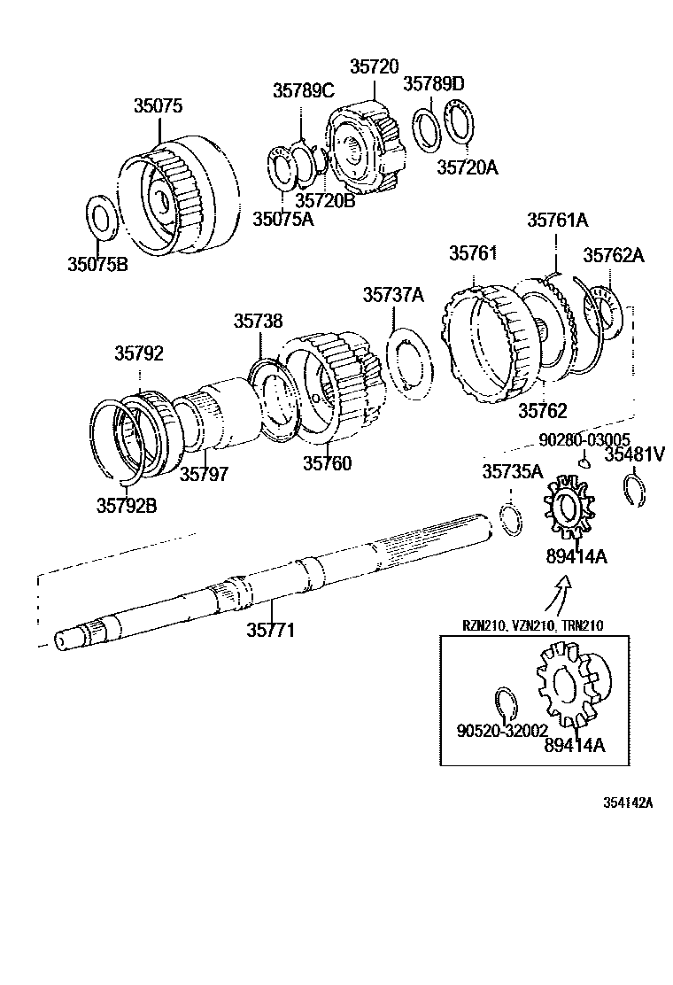 Toyota HILUX 行星齿轮、倒档活塞和中间轴齿轮(ATM) EPC diagram — 354142A